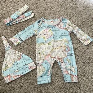 Baby 3-6 months World Map Set - Infant Jumpsuit, Hat, Headband Set